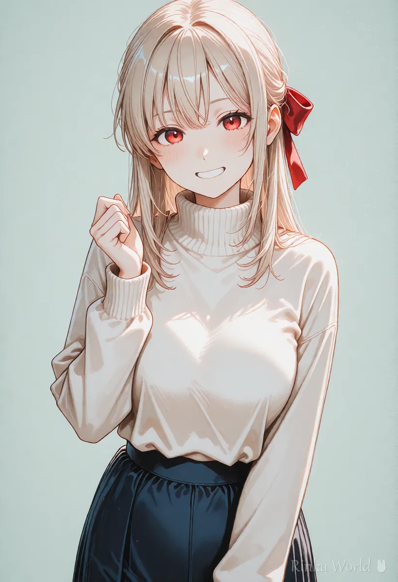 Smiling anime girl making a small happy fist, the checklist is done
