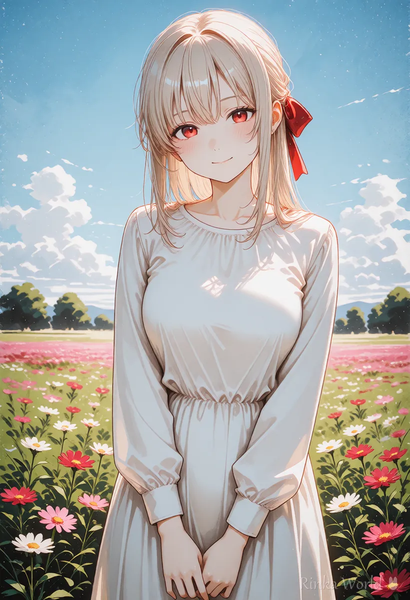 赤いリボンと白いワンピースの女の子のアニメイラスト　色を部位ごとに指定したプロンプトの例