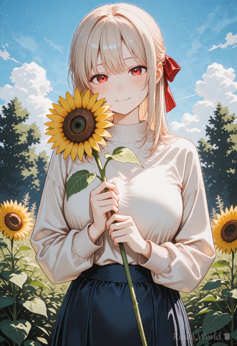 両手で大きなひまわりを持つ女の子のアニメイラスト　小物を持たせると反映されやすい例