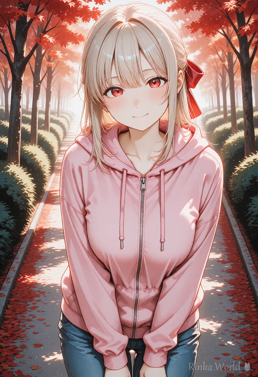 秋の公園に立つパーカー姿の女の子のイラスト　大事な要素を前に書く例のイメージ