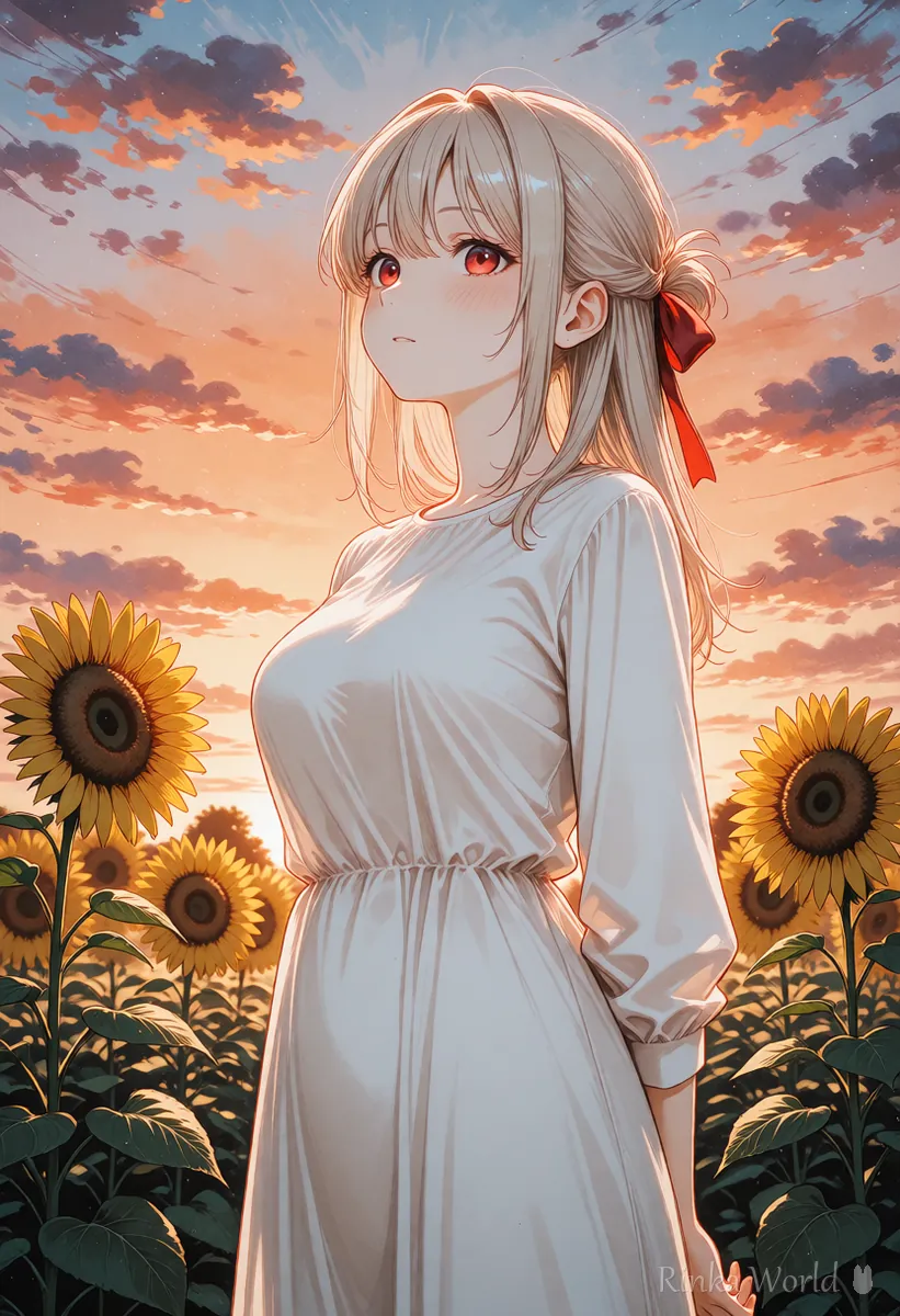 上半分に夕焼けの空、下半分にひまわり畑が広がる女の子のイラスト　領域を上下に分けるイメージ