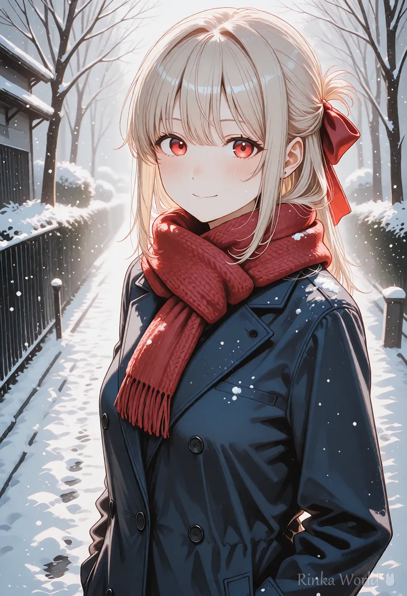 赤いマフラーと紺のコートの色がはっきり分かれた女の子のイラスト　場所ごとに色を指定するイメージ