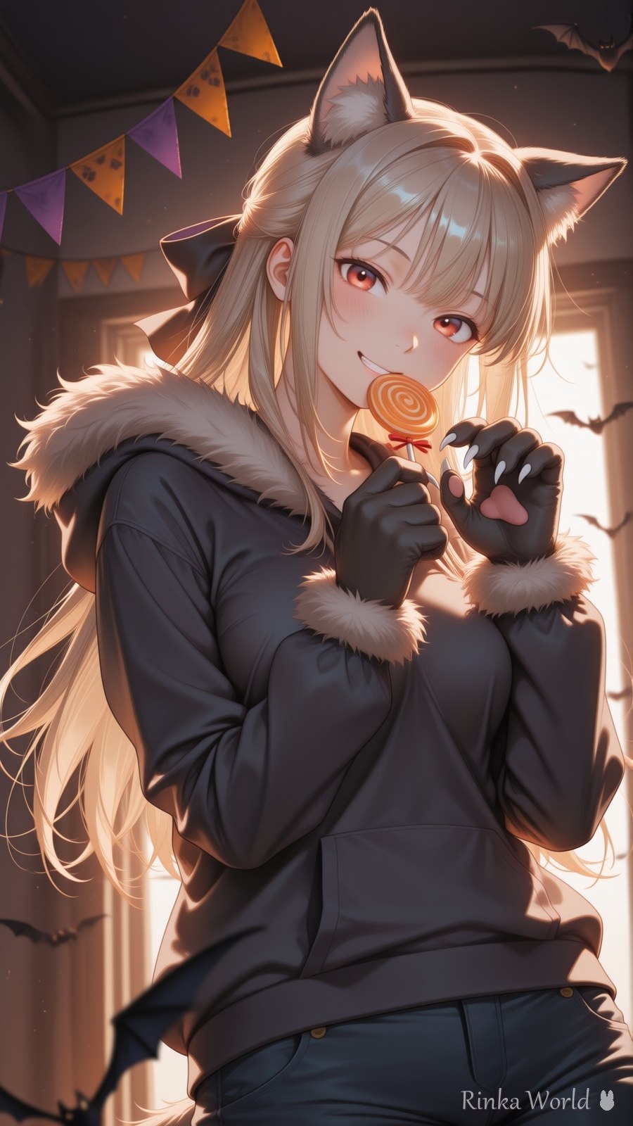 ハロウィンだからオオカミの手でキャンディなめてるよ🍭 SFW｜りんかのXポスト（オリジナルキャラクター りんか）