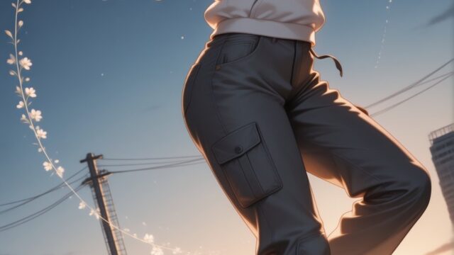 夕焼けの屋上で光の輪と踊るパーカー姿のAIイラスト｜Golden Hour Rooftop Dance Anime Art