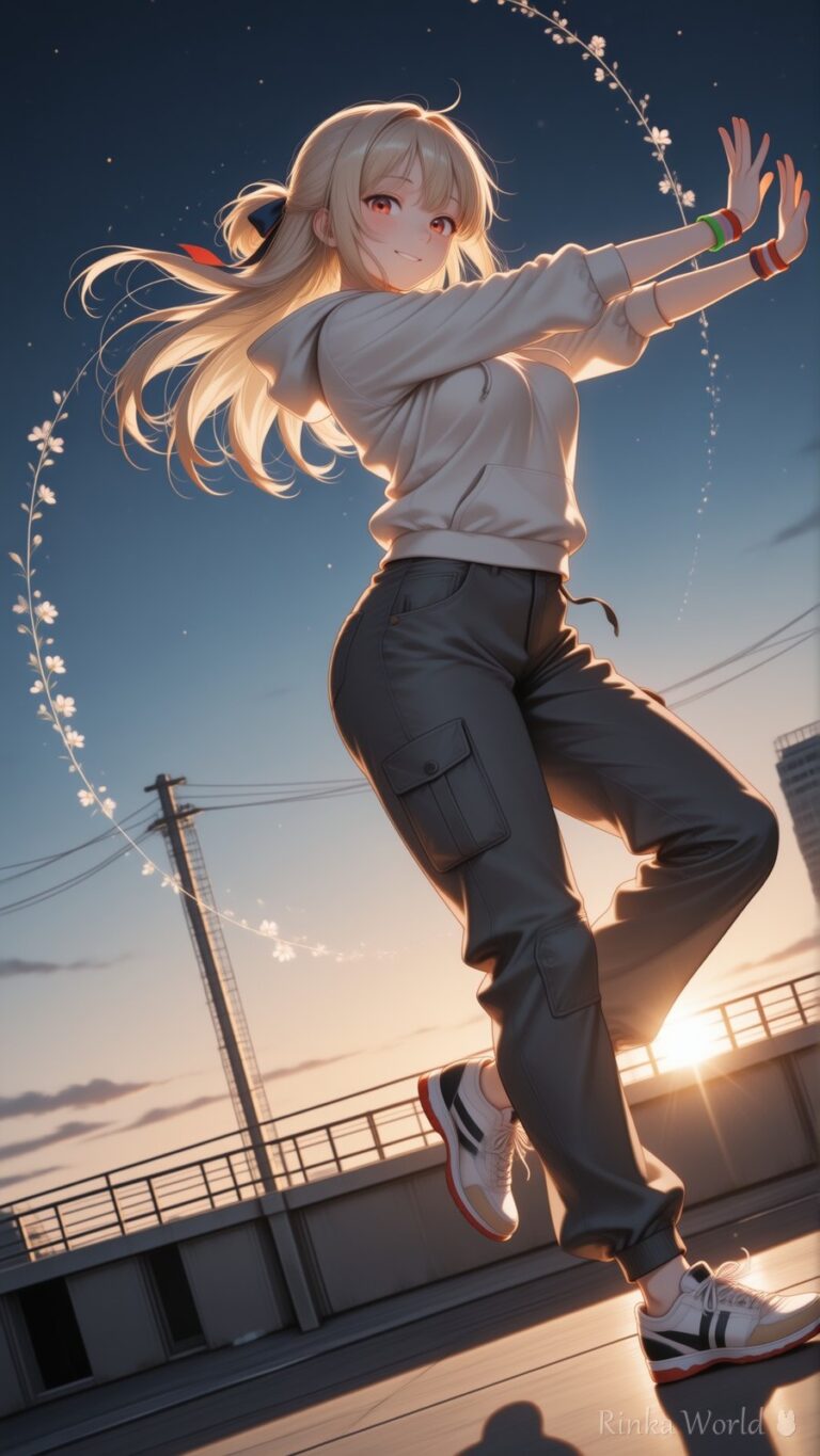 anime girl dancing on a rooftop at sunset, cream hoodie and cargo pants, glowing light ring, golden hour aesthetic anime art