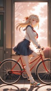 anime girl in sailor school uniform leaning on red bicycle by sunlit window, golden hour backlight, dreamy aesthetic anime art