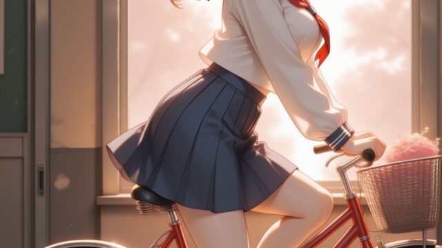 夕陽の窓辺でセーラー服と花かご付きの赤い自転車のAIイラスト｜Golden Window Bicycle Anime Art