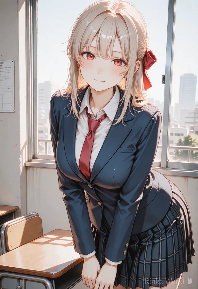 Anime girl in a classroom drawn in a consistent anime coloring style, first of a series