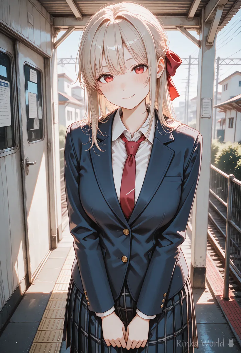 The same anime girl on a train platform, keeping the art style consistent across a series