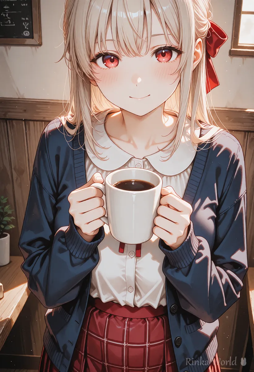 カフェでマグカップを持つ同じキャラの女の子のイラスト キャラの一貫性の作例