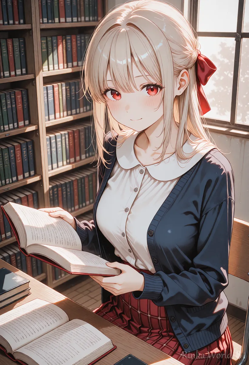 図書室で本を読む同じキャラの女の子のアニメイラスト キャラ固定の例1