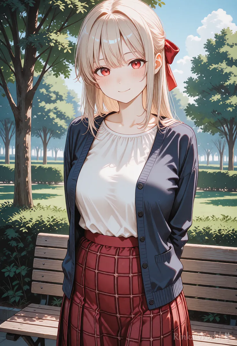 公園のベンチの前に立つ同じキャラの女の子のアニメイラスト 服と髪をそろえた例