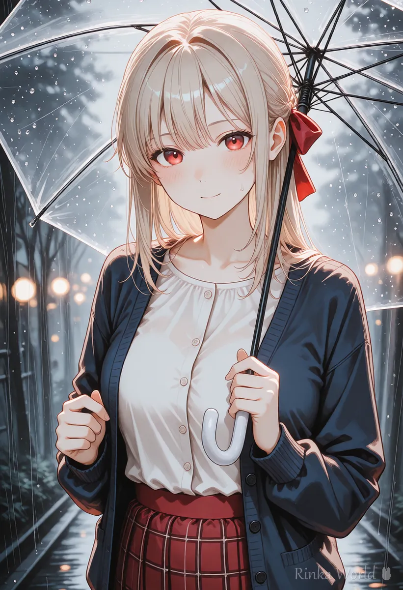 雨の街で傘をさす同じキャラの女の子のアニメイラスト 場所だけ変えた例