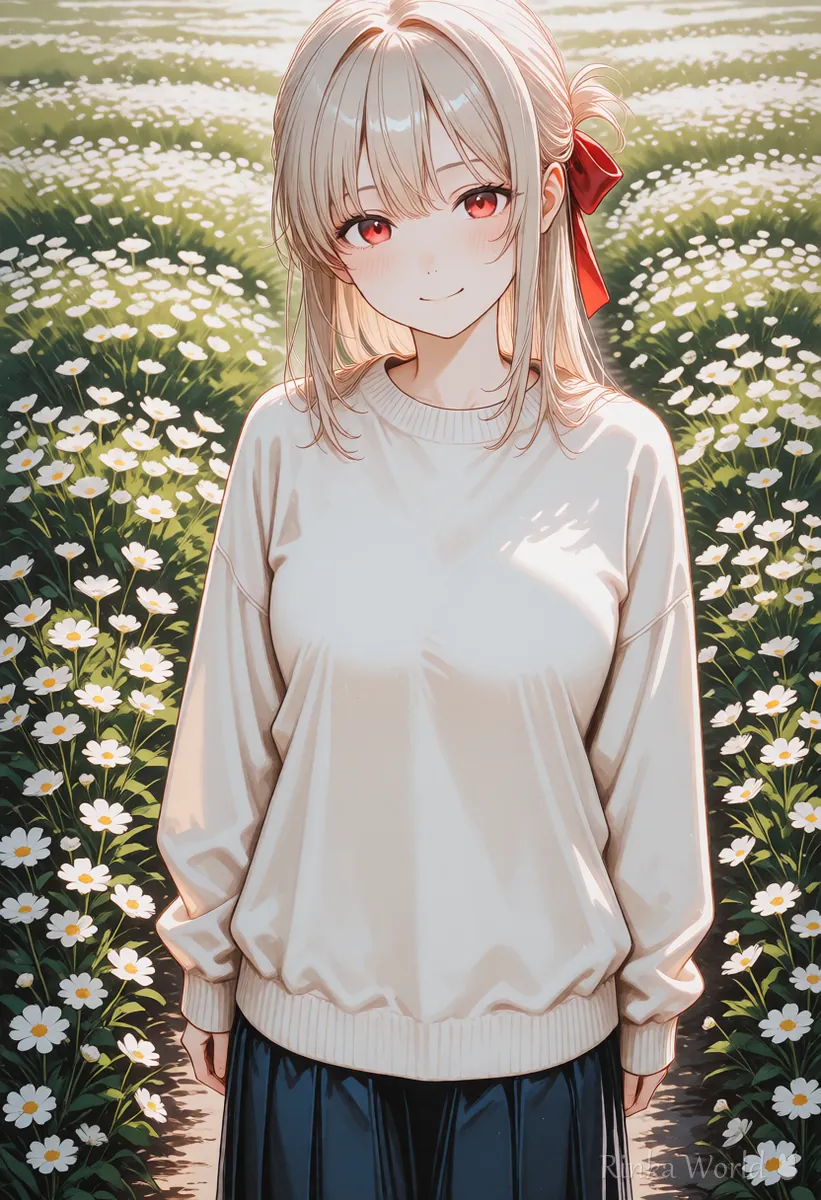 同じプロンプトでシード(seed)だけ変えた比較の2枚目:花畑の女の子のイラスト