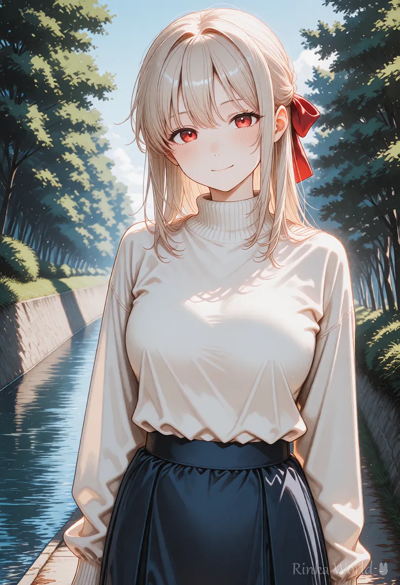 川沿いの道でほほえむ女の子のアニメイラスト サンプラーの違いを見比べる時の参考イメージ