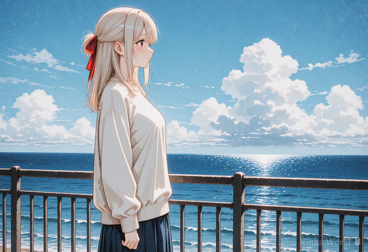 横長1216×832の比率の海辺の風景と女の子のイラスト　SDXLの解像度の参考イメージ