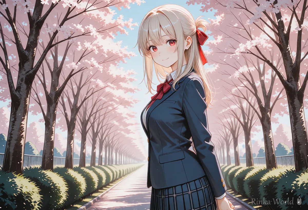 桜並木の道に立つ女の子と奥まで続く背景のアニメイラスト　構図のまとまりの例