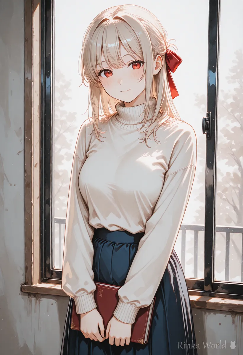 窓辺で本を持つ上半身の女の子のアニメイラスト　SDXLとSD1.5の違いをくらべる時の参考イメージ