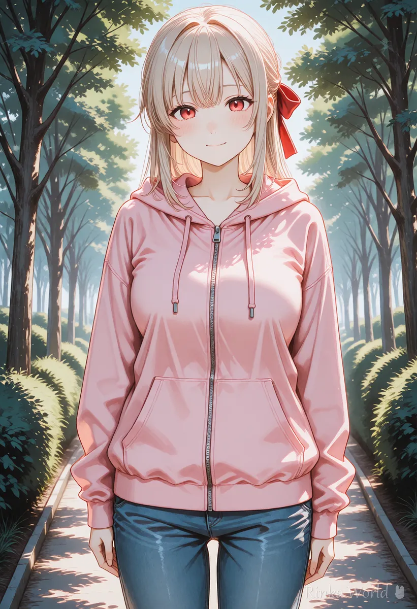 Full-body anime girl in casual clothes on a park path, a reference for standing illustrations