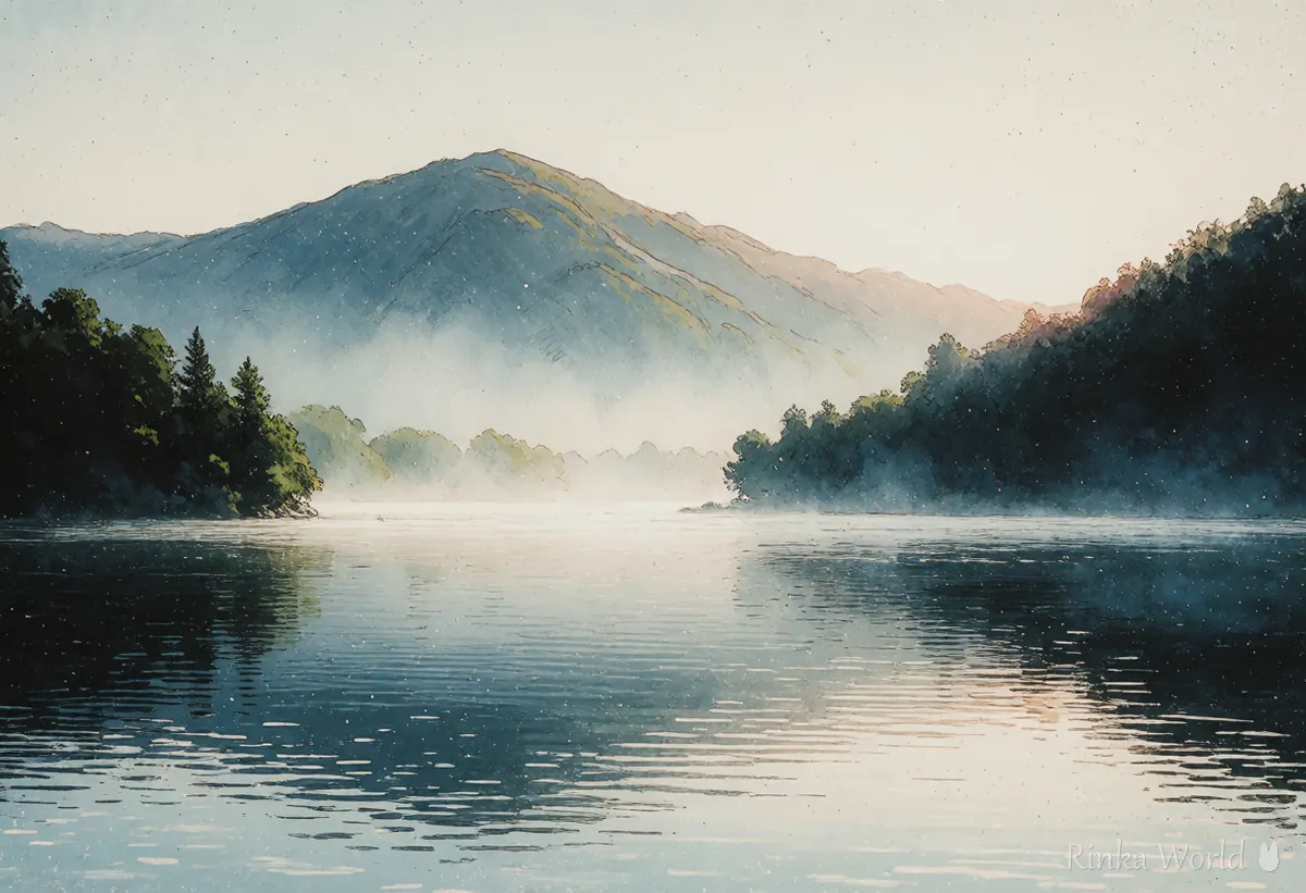 Morning mist over a lake with mountains, a reference for scenery without people