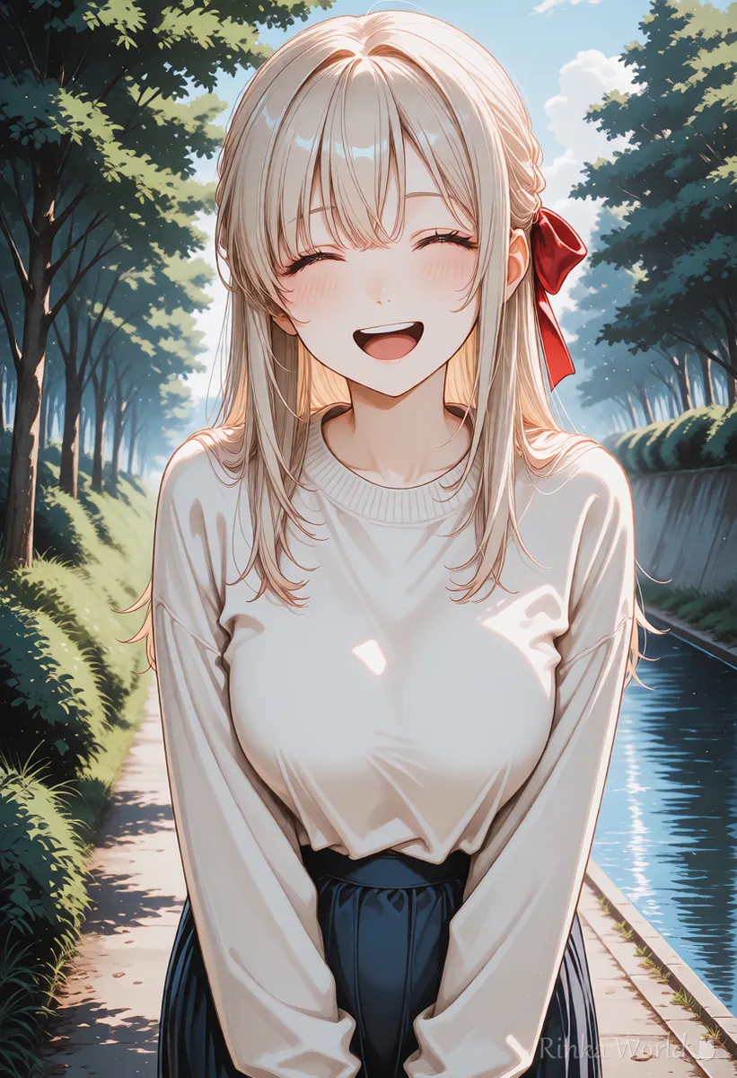 同じ場所と服のまま目を閉じて笑う表情に変えた女の子のイラスト シード固定で表情を変えた例