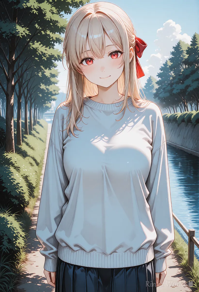 同じ構図のままセーターの色だけ水色に変わった女の子のイラスト シード固定で1か所だけ変えた例