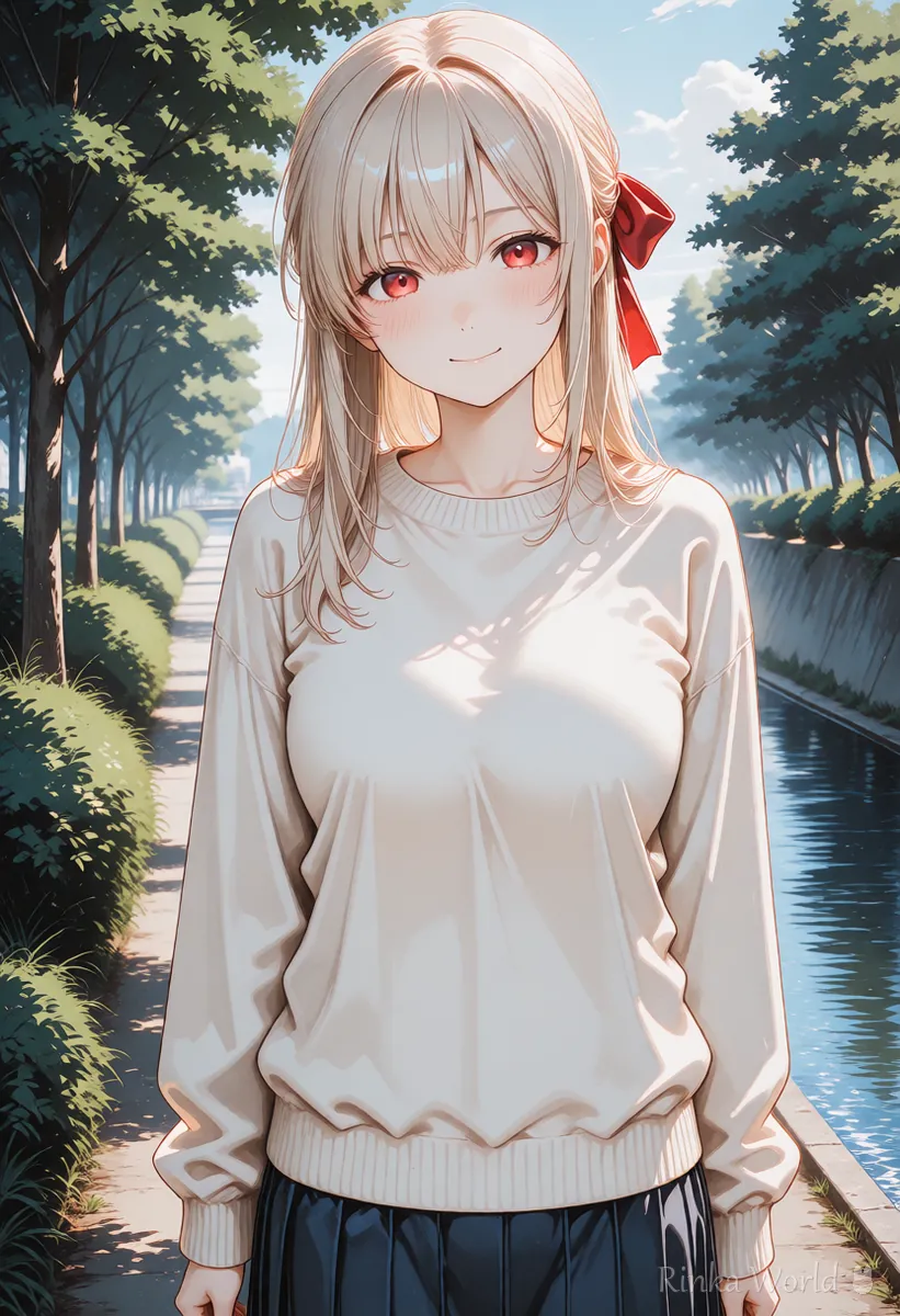 川辺の道でほほえむセーターの女の子のイラスト シード値を固定した基準の絵のイメージ
