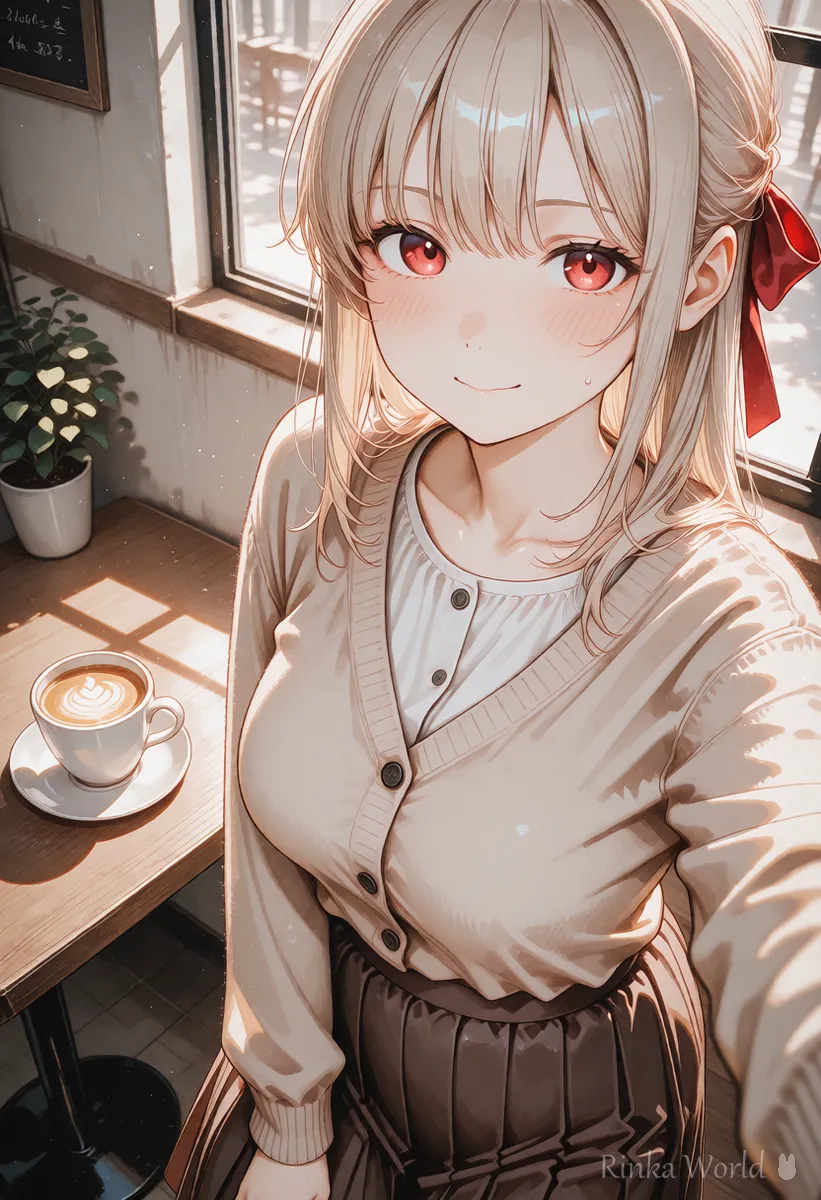 カフェの窓辺でカップを前に自撮りする女の子のアニメイラスト