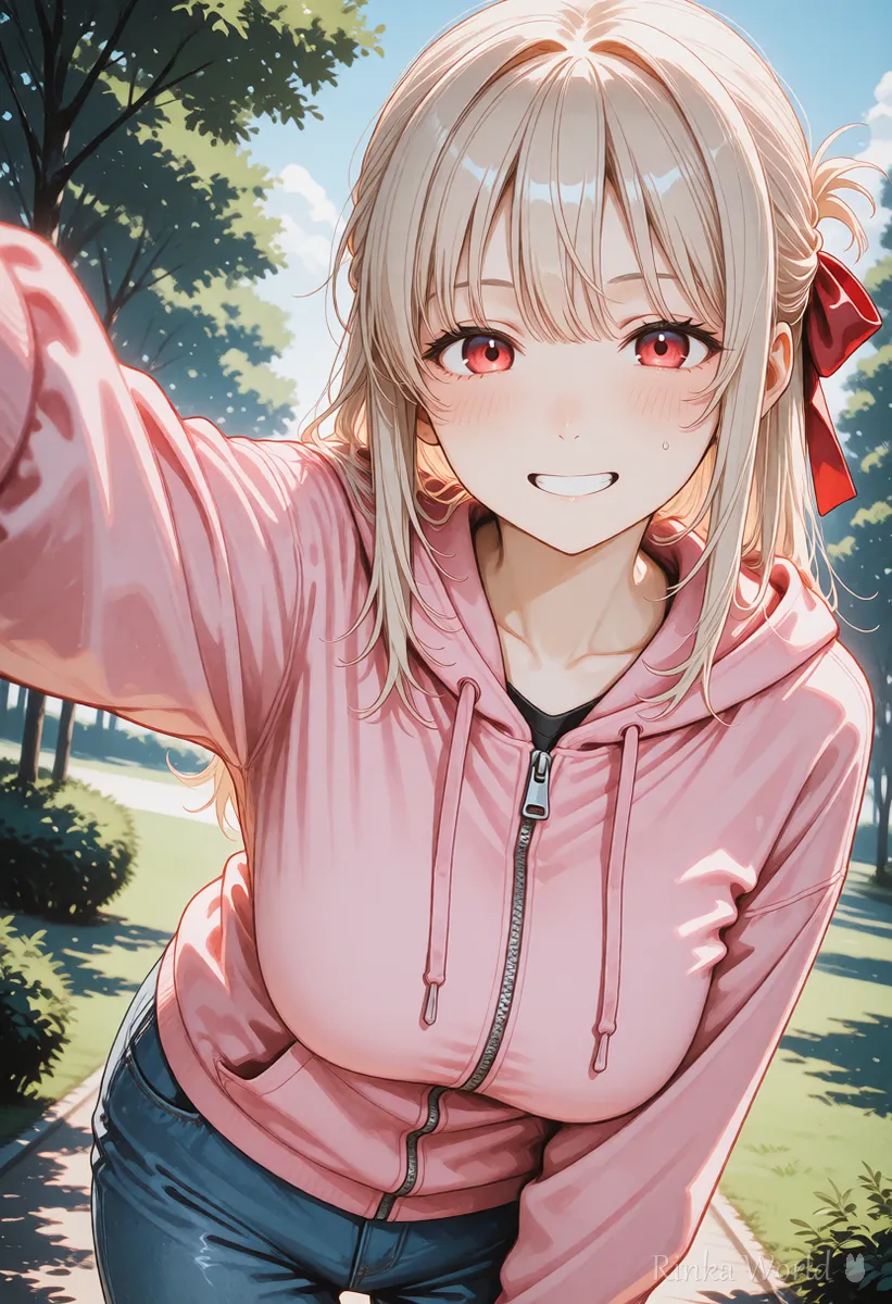 腕をのばして上から撮った自撮り風の女の子のアニメイラスト　自撮りの構図