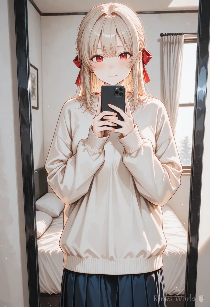 部屋の鏡の前でスマホを持って自撮りする女の子のアニメイラスト