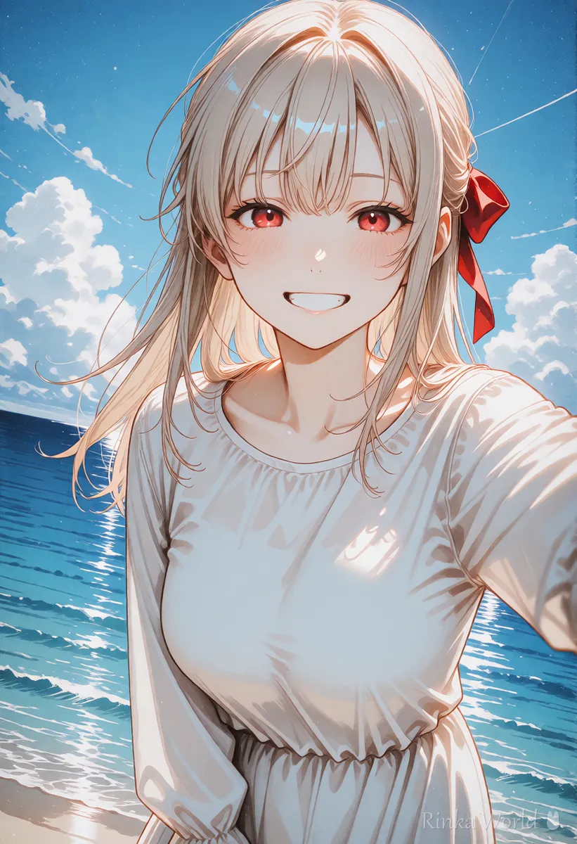青い海を背景に景色といっしょに自撮りする女の子のアニメイラスト