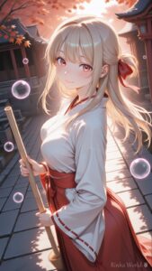 オリキャラ「りんか」のイラスト：🍁 紅葉ゆれる境内で　竹箒を手にした巫女さんのAIイラスト｜Autumn Shrine Maiden Anime Art