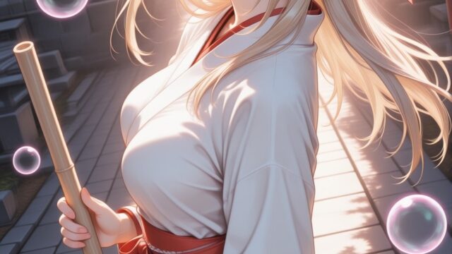 紅葉ゆれる境内で 竹箒を手にした巫女さんのAIイラスト｜Autumn Shrine Maiden Anime Art