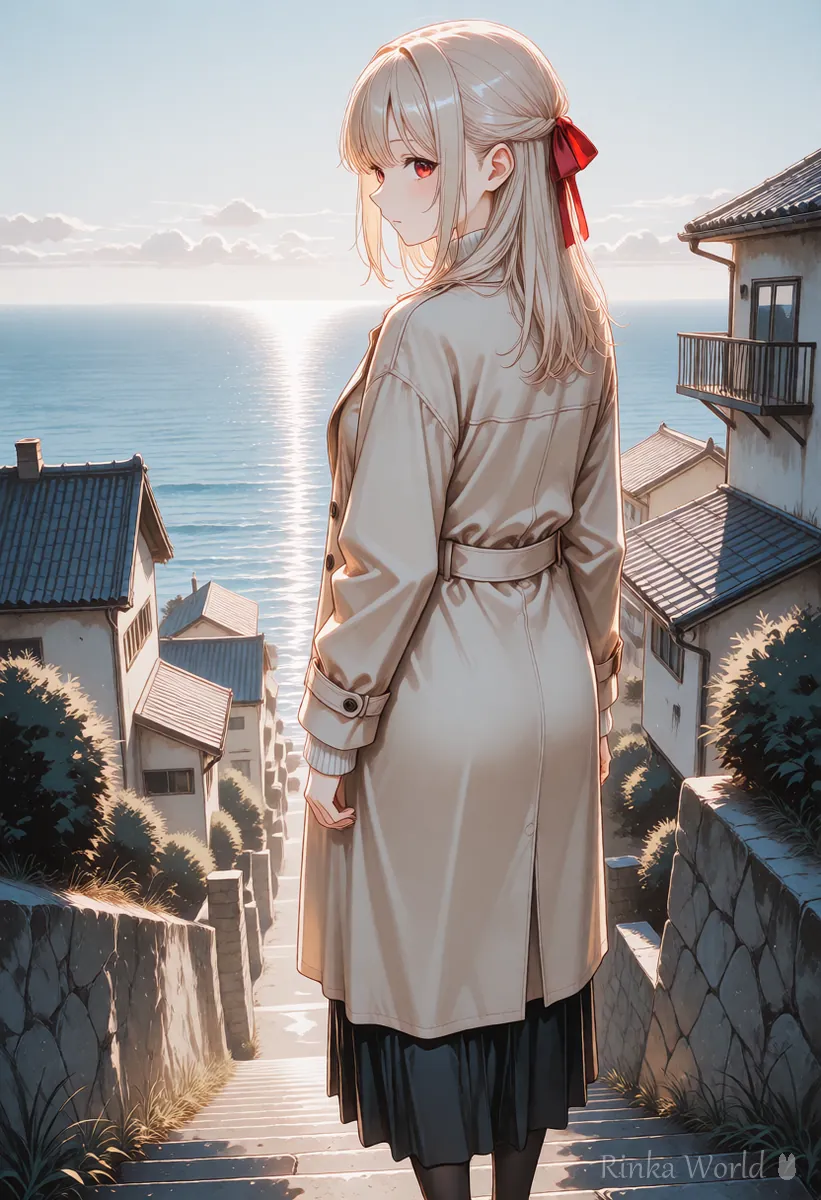 朝の海辺の町で石段を下りる女の子の後ろ姿、Soraで動画にする場面のイメージ