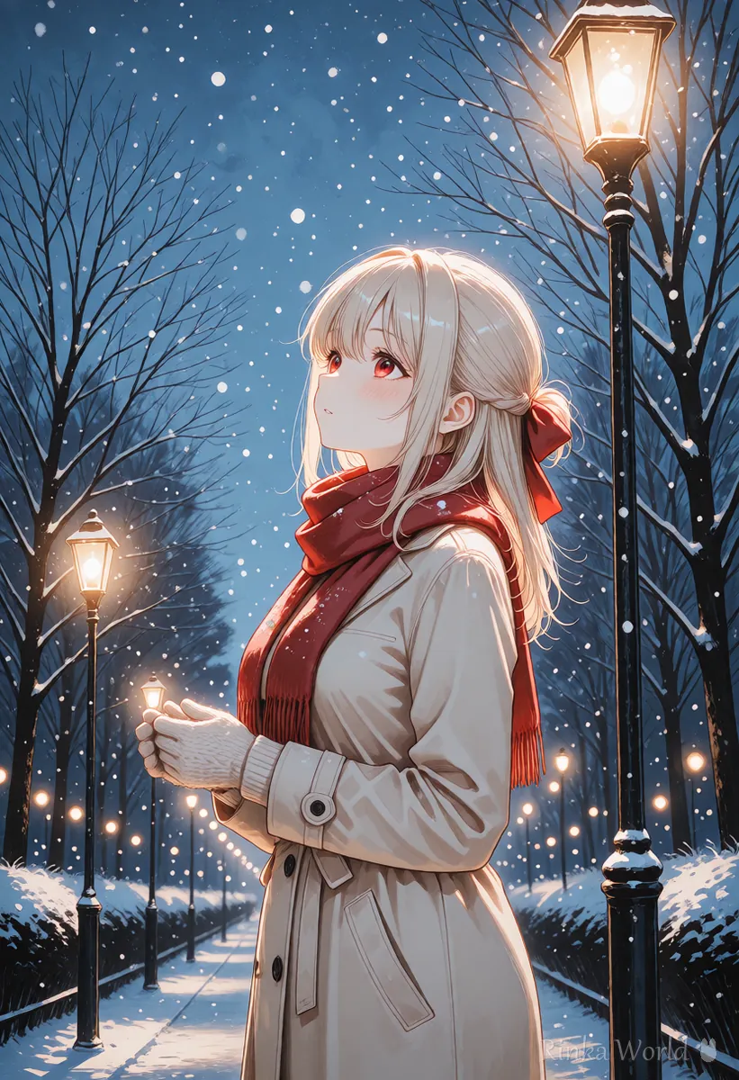 夕暮れの雪の公園で街灯の下に立つ女の子、ショットを分けた動画の例