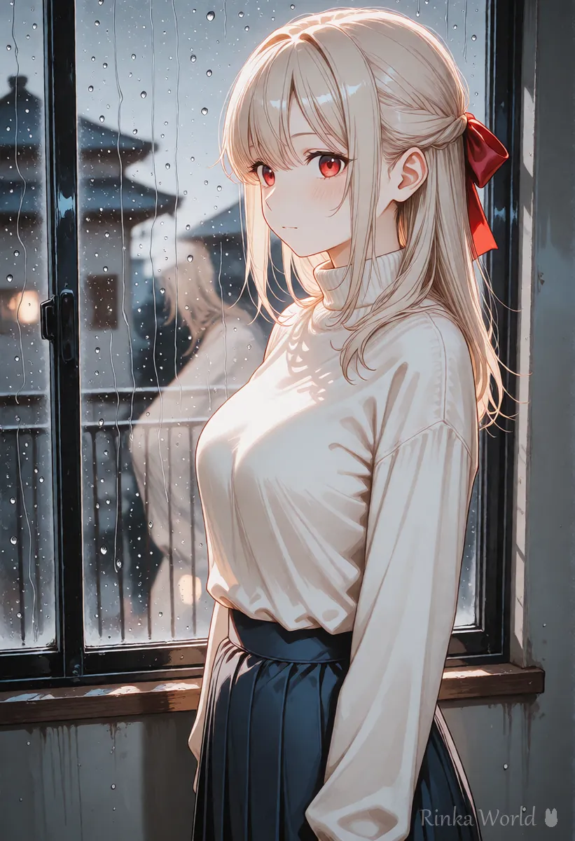 雨の夕方に窓辺に立つ女の子のイラスト　SoraとVeoでセリフつきの動画をくらべる場面のイメージ