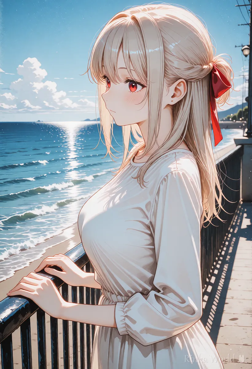 海辺の手すりにもたれて海を見る女の子のイラスト　音つきの動画をくらべる場面の例