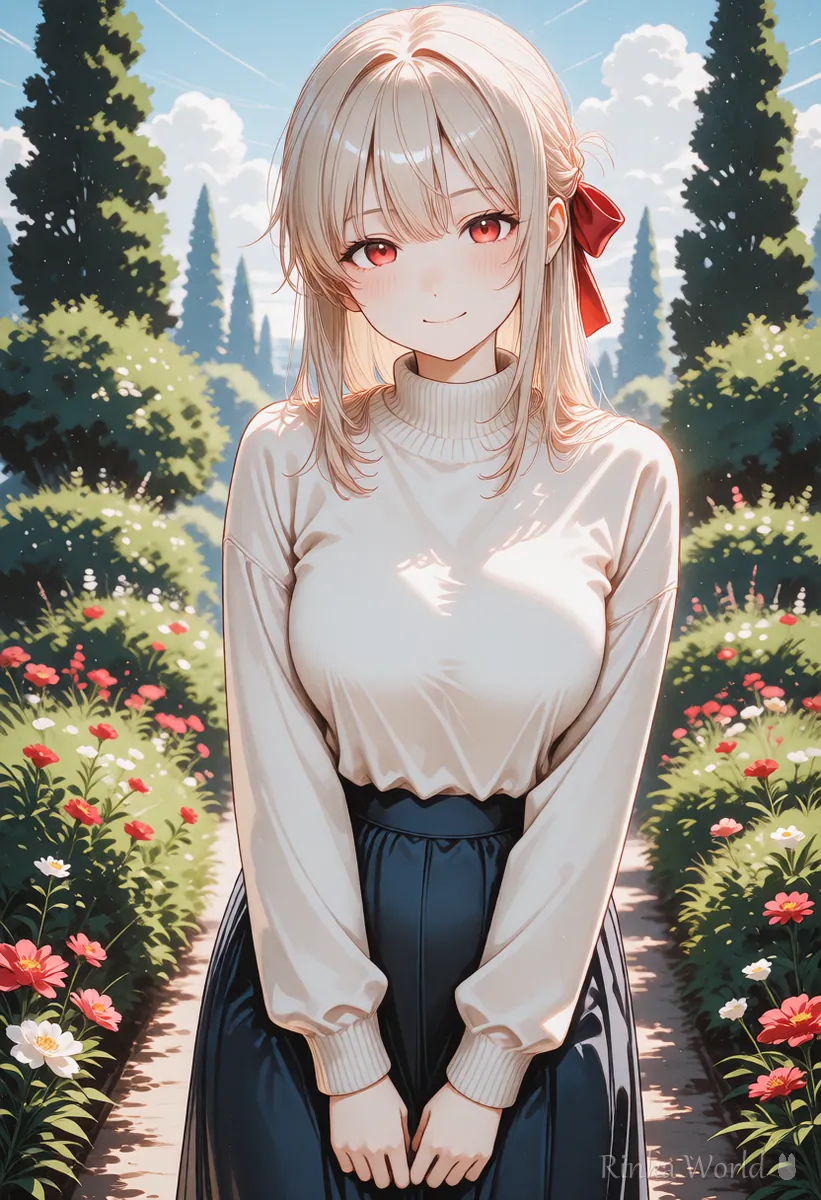 くっきりした影のアニメ塗りで描いた花の庭の女の子のイラスト　画風の用語の見本