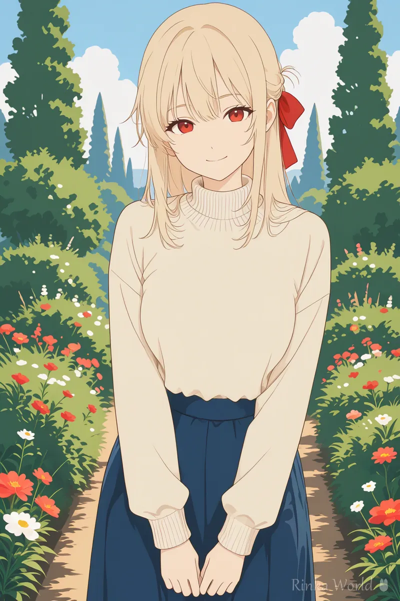 影の少ないフラットな塗りで描いた花の庭の女の子のイラスト　ベタ塗りという用語の見本