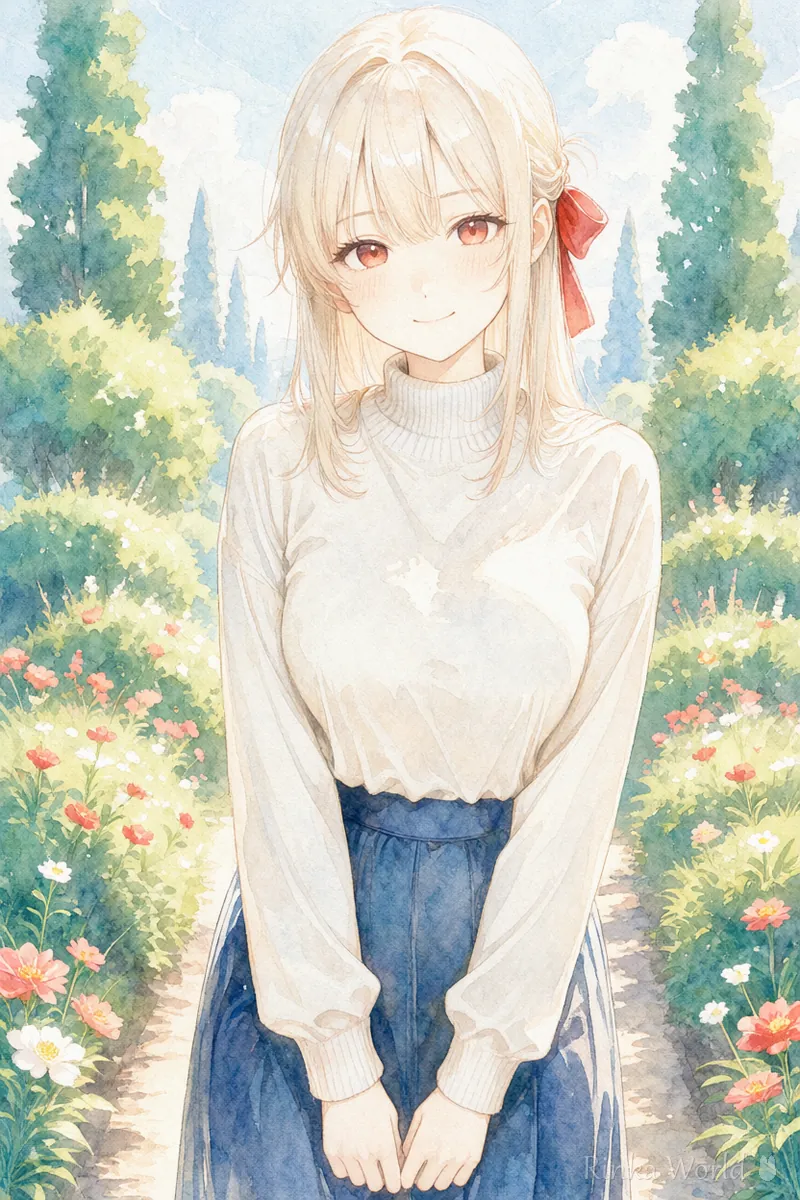 透明感のある水彩で描いた花の庭の女の子のイラスト　水彩という画風の用語の見本