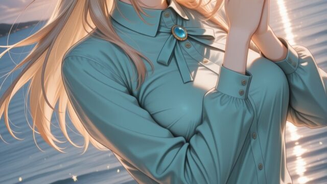 色にこだわった 海辺の夕凪に祈るポーズ｜Sunset Beach Jumpsuit Anime Illustration