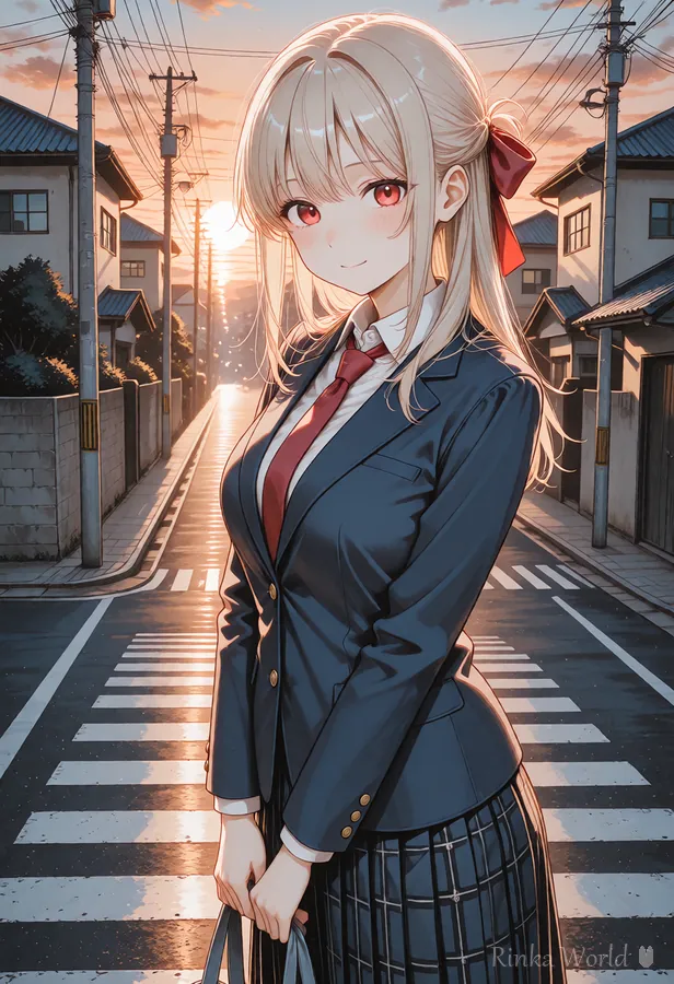 夕焼けの横断歩道で逆光に立つ女の子の作例｜Example of a girl on a crosswalk at sunset with backlighting