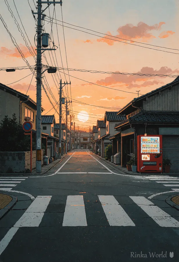人のいない夕焼けの街角の背景の作例｜Example of a sunset street scenery with no people