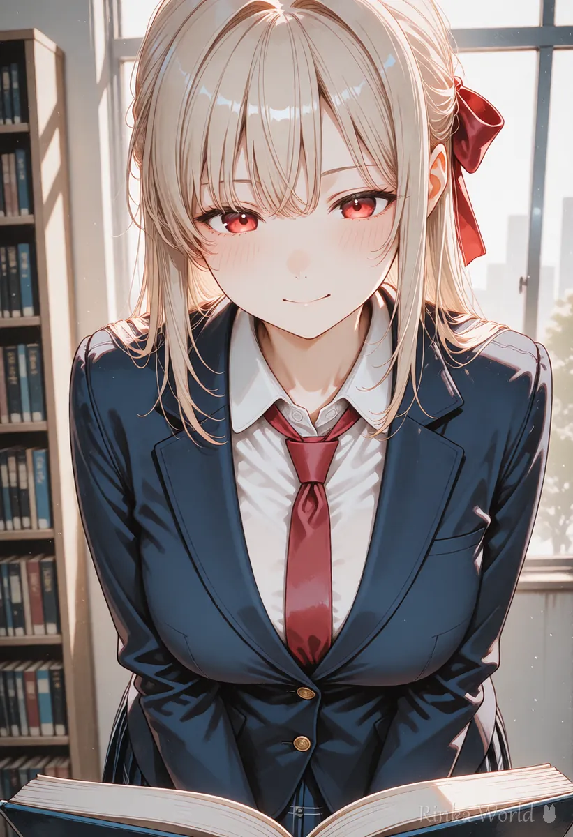 図書室で本を読む女の子の顔に寄ったアニメのイラスト（寄りの構図の例）