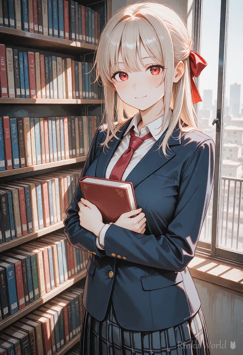 図書室の窓ぎわで本を胸に抱えてほほえむアニメの女の子のイラスト（自然文のプロンプトの例）
