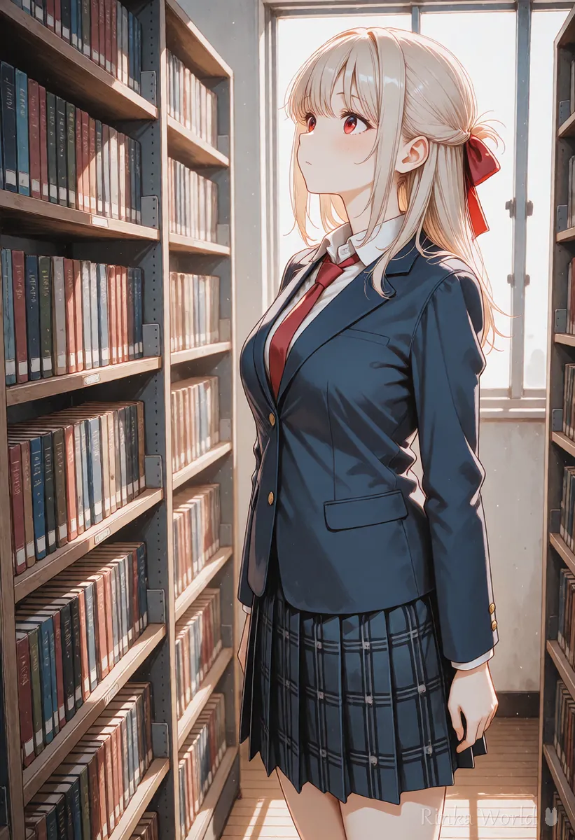 図書室の本棚の前に立つ女の子を引きで描いたアニメのイラスト（構図を文で指定した例）