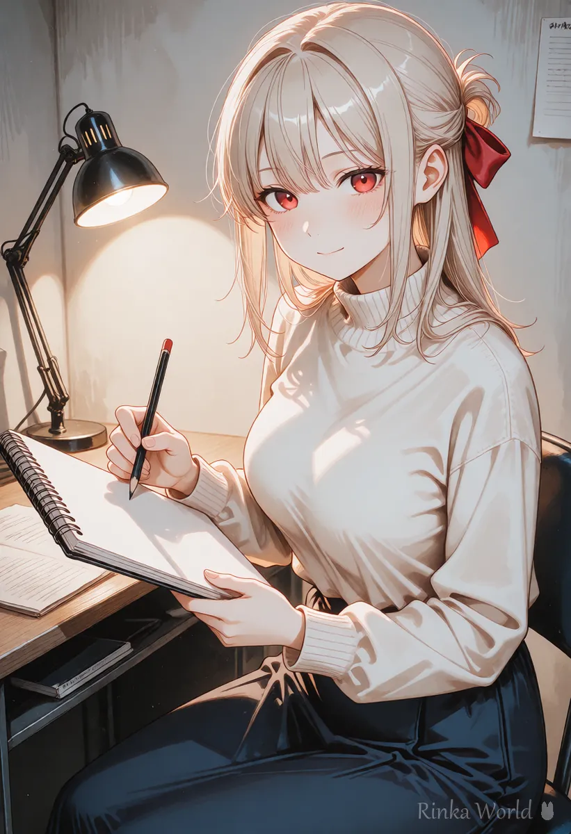 Anime girl holding a pencil over a sketchbook, sorting out symptoms of a failed AI illustration