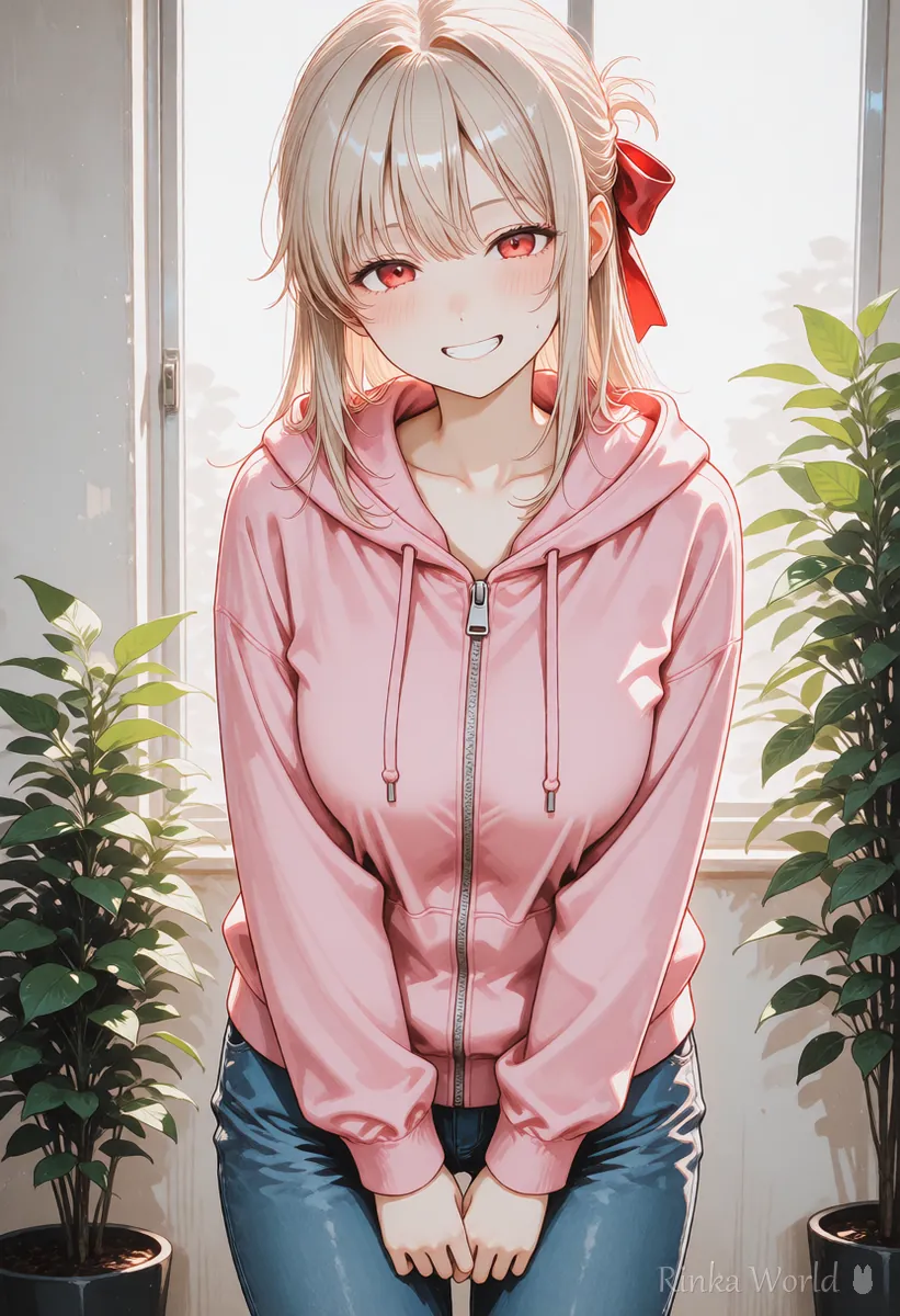 Anime girl in a hoodie smiling in relief after fixing a problem