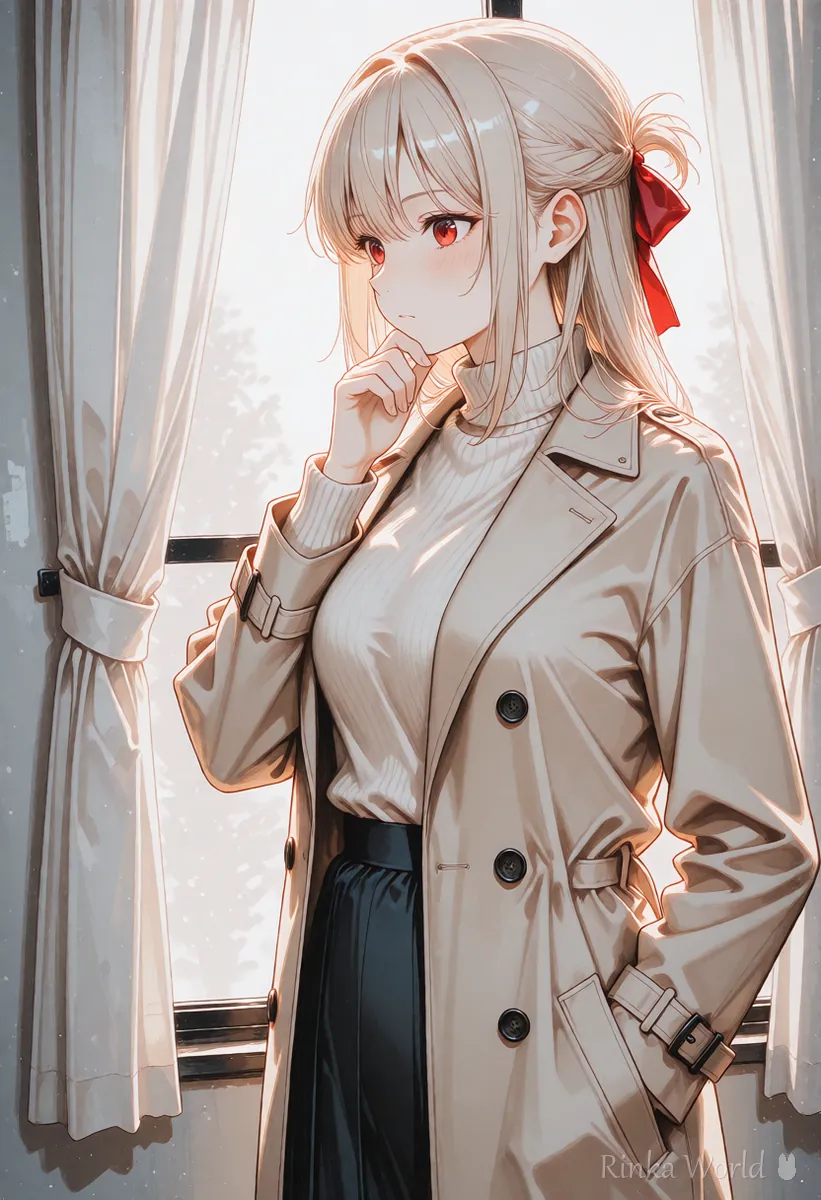 Anime girl in a coat thinking by a window with a hand on her chin, finding the cause