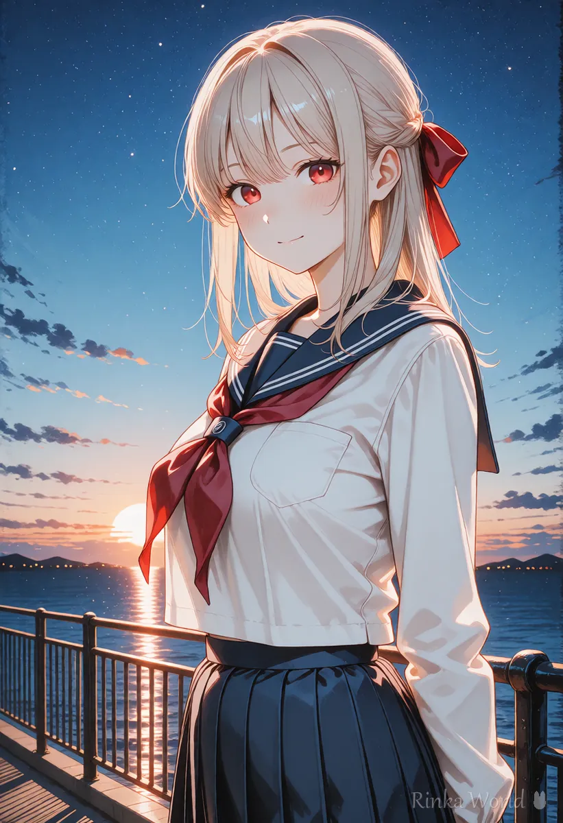 Anime girl standing in a sunset with clear orange and blue, an example of strong color contrast